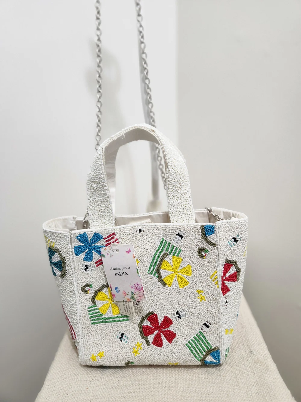 Handcrafted White Beaded Mini Toe with Multicolor Floral Motifs! - Picture 6 of 7